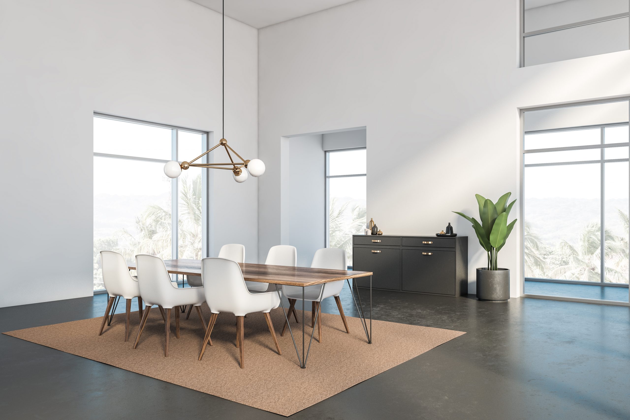 Corner,Of,Luxury,Dining,Room,With,White,Walls,,Concrete,Floor,